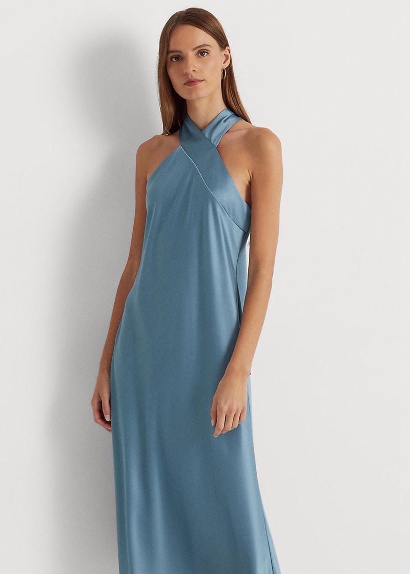 Sukienka Lauren Damska Niebieskie Satin Charmeuse Bez Pleców Cocktail 290654-MLU